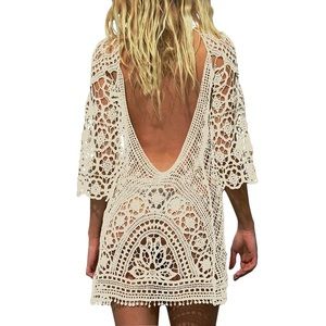 Lace crochet dress bikini cover up sexy open back khaki beige beach dress